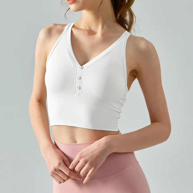 Women's Premium V Neck Push up Yoga Bra Cross Back Decorative Buttons Removable Pads Breathable Gym Sports Bras for Running
