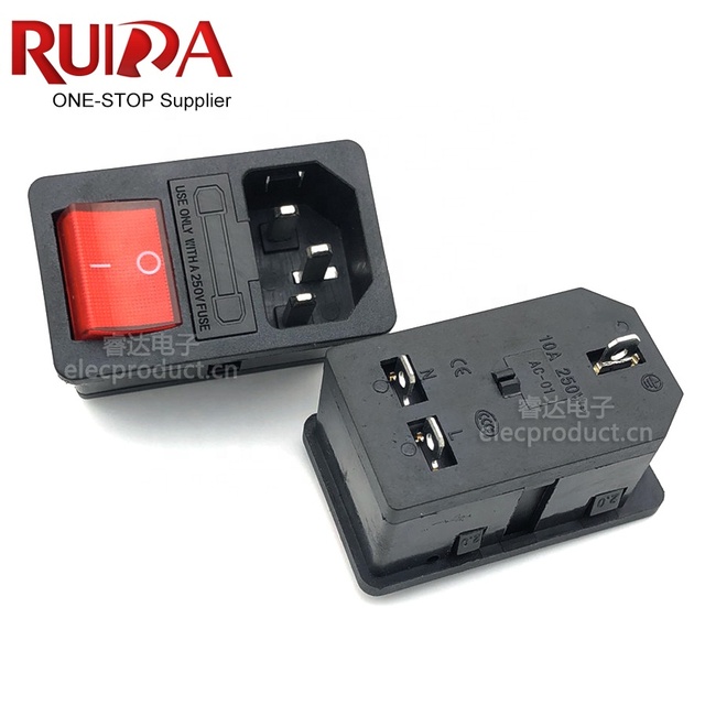 10A 250VAC 3 Pin IEC320 C14 Inlet Male Connector Plug Power Socket with Red Lamp Rocker Switch 10A Fuse Holder