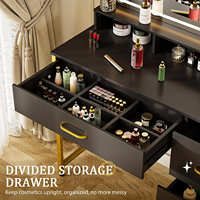 Bureau de maquillage en MDF noir et or avec miroir éclairé, 4 tiroirs et étagères ouvertes, couleurs personnalisées