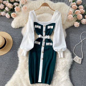 Robe <span class=keywords><strong>pull</strong></span> élégante à <span class=keywords><strong>col</strong></span> carré, couleur unie, patchwork, manches lanternes, taille haute, moulante, pour femmes, décontractée - Product Image 2