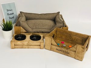 Cama de perro de madera elevada moderna personalizable de mediados de siglo con cuencos de vidrio y plástico, Marco y muebles de cama elevada para gatos - Product Image 3
