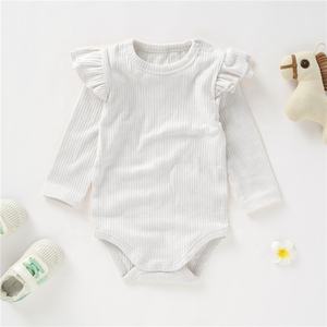 긴 소매 프릴 립 스냅 가랑이 아기 소녀 Romper 유기농, 아기 늑골이있는 Romper - Product Image 1