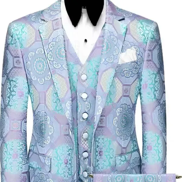 Mariage classique personnalisé smoking pour hommes double boutonnage violet et turquoise costume de mandala