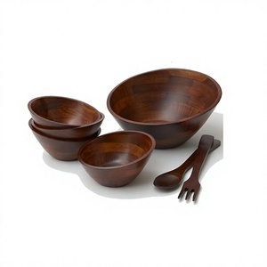 ชุดชามเสิร์ฟอาหารไม้สีน้ำตาล 4 ใบ รูปทรงกลม ขนาดต่างๆ พร้อมช้อนส้อม - Product Image 1