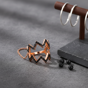 Zigzag Shape Double <b>Ring</b> Chain Black Zircon <b>Stone</b> Chain <b>Two</b> <b>Ring</b> Turkish Handcrafted Wholesale 925 Sterling Silver Jewelry - Product Image 3