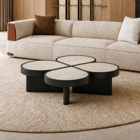 Table basse moderne en forme de fleur, placage de bois d'orme, plateau en pierre de travertin gris, table de salon design pour hôtel