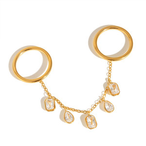 Bague double à pendentif en zircon, en acier inoxydable 316L plaqué or 14k 18k, anti-ternissement, pour doigts - Product Image 5