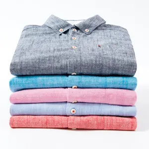 Camisas casuais de linho para homens, tamanho grande de manga comprida, cores de couro