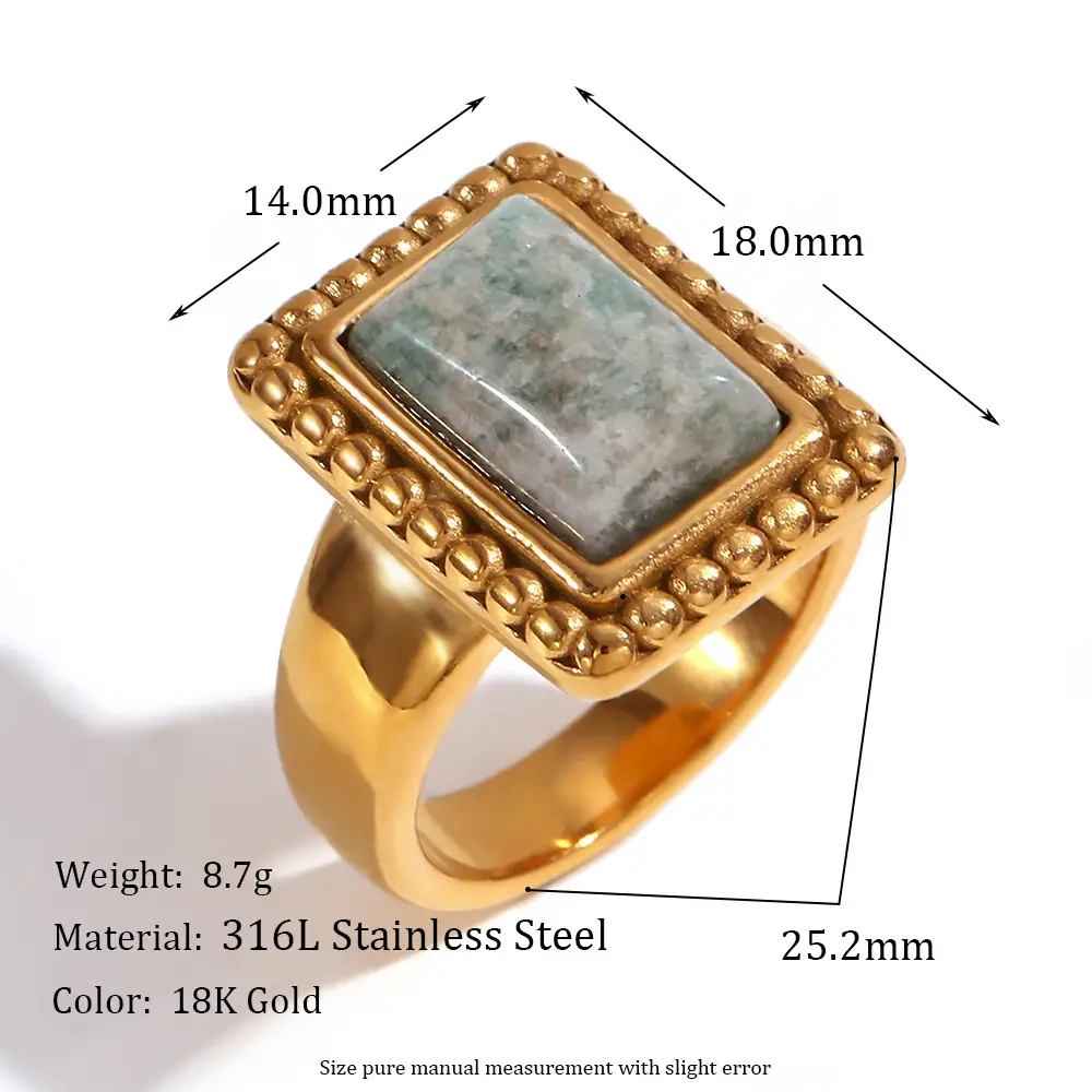 Anillo 18K Anillos de piedras preciosas cuadradas Piedra natural Joyería chapada en oro Anillos de sello de acero inoxidable Accesorio de joyería impermeable