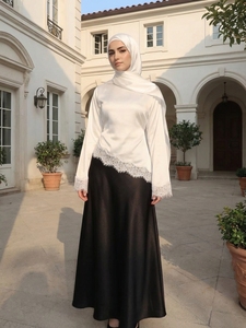Abaya Islamica Modesta Mexizo 2026 per Donne, Abbigliamento Musulmano in Raso con Bordo in Pizzo Asimmetrico, Stile Dubai, Top Corto - Product Image 6
