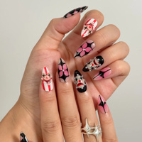 Ongles en acrylique à pression sur le thème du clown d'Halloween, motif étoile perlée, rayures écossaises roses et noires, forme amande, logo personnalisable