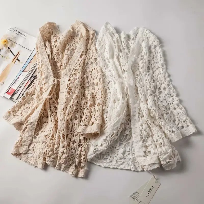 Ls1903 camisa de crochê com design floral, blusa feminina feita a mão única para praia, capas para praia