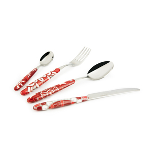 Set di posate Excelsa 24 pezzi, manico in resina rossa Mandala, coltello, forchetta e cucchiaio in acciaio inossidabile, lavabile in lavastoviglie - Product Image 1
