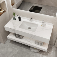 Mueble de Baño Moderno con Lavabo Rectangular Flotante de Mármol, Resistente al Agua, Montado en la Pared, con Espejo, Estilo Rústico/Villa