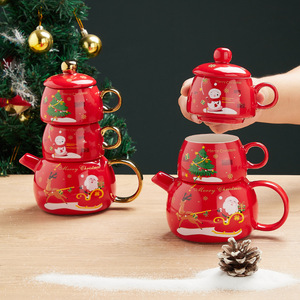 Service à thé en céramique de Noël avec bordure dorée de luxe, ensemble de service à thé empilable multicolore, vaisselle de table personnalisée pour les fêtes - Product Image 4
