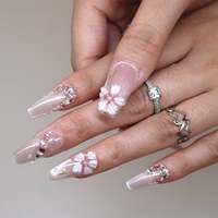 Kuku Akrilik Panjang Bentuk Cat-eye Taper Press-on dengan Sentuhan Spring Shimmer, Warna Nude-pink, Glitter, Bunga 3D Embossed, Mutiara, dan Rhinestone