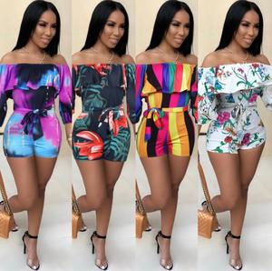 Ultime Estate Floreale Al Largo Della Spalla Crop Top e Pantaloncini A Due Pezzi Set <span class=keywords><strong>Abbigliamento</strong></span> <span class=keywords><strong>Donna</strong></span> - Product Image 1