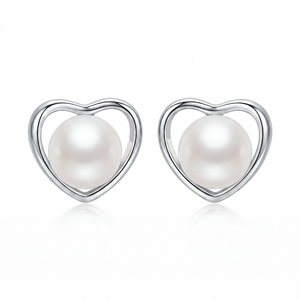 Boucles d'oreilles minimalistes en argent S925 avec cœur creux et perle, bijoux fins romantiques pour femmes, cadeau de mariage ou d'anniversaire - Product Image 1