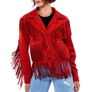 Red <b>Suede</b> Fringe Biker <b>Jacket</b> Rivets Turn-down Collar Zipper Closure Unisex Punk Style High Street Eco-Friendly Winter Wear - Product Image 1