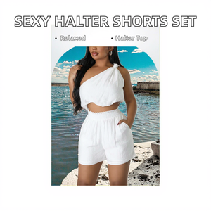 Women's White <b>One</b> Shoulder Crop <b>Top</b> With Shorts Set Casual Summer Two Piece Outfit Loose Fit Solid Color Cotton Short Sleeveless - Product Image 2