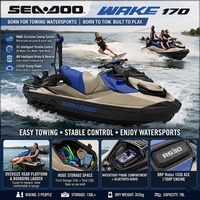 Nouveau Jet Ski BRP 2026 pour 170 CV, modèle Wake 170, 3 places, 4 temps, vitesse maximale de 95 km/h, avec système audio, idéal pour le plaisir en famille