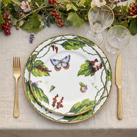 Service de table vintage en porcelaine fine à motif floral papillon, assiette de présentation en céramique motif feuille verte de jardin, tasse à café et bol en porcelaine pour hôtel