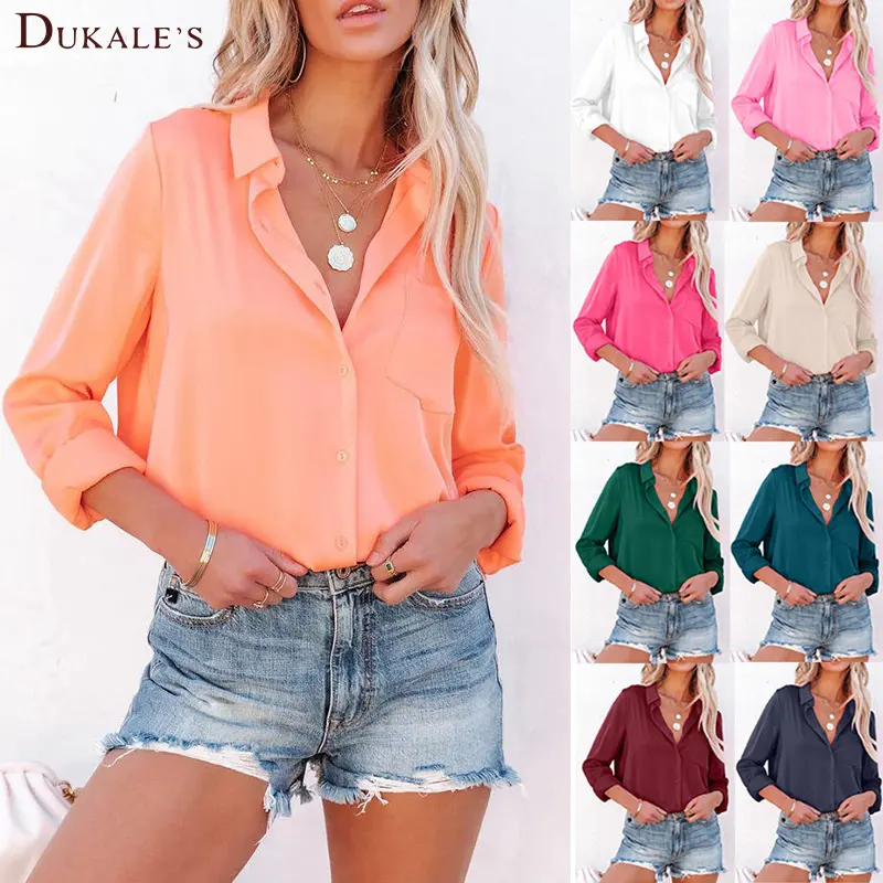 Lässige Langarm Loose Fit Button Down Shirts Büro Damen Business Shirts V-Ausschnitt Kragen Button Down Shirt Tops mit Tasche