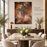 Peinture abstraite Vortex à traits tourbillonnants peints à la main sur toile, tons brun, fusain, bleu glacé, terre cuite, impasto