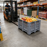 Conteneur de palette en plastique recyclé empilable haute résistance avec panier à légumes en treillis métallique d'une capacité de 606 L