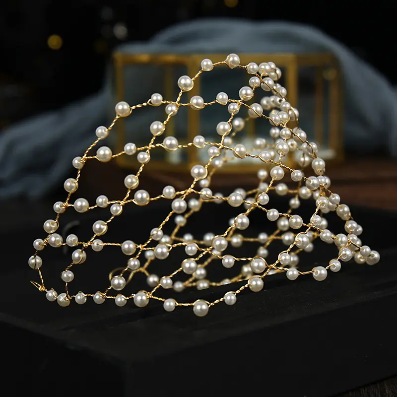 Vintage Bride Handmade Gold Pearl Net Headband Geometric Headpiece Bridal Girl Tiara Wedding Head Accessories Women Hair Jewelry