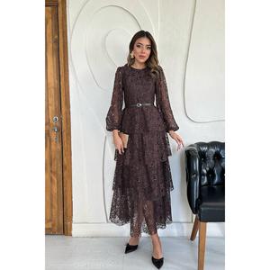 ชุดราตรีสีน้ำตาลทรงเอไลน์ ผ้าลูกไม้ คอโอ ซ้อนชั้นโปร่งบาง ผ้าชีฟองวินเทจ เอวธรรมชาติ แขนยาว - Product Image 4