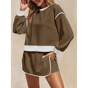 Ensemble de survêtement 2 pièces pour femme : Sweat-shirt à col rond et jupe-short taille haute, couleur unie, décontracté, longueur au-dessus du genou - Product Image 3