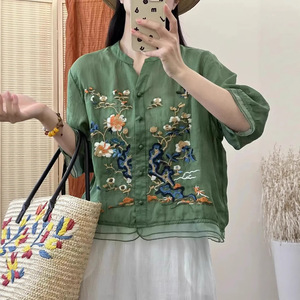 Orange Cotton Linen Short Sleeve Shirt With Embroidery Chinoiserie Pattern Loose Fit Women's Blouse Everyday Wear - Product Image 2