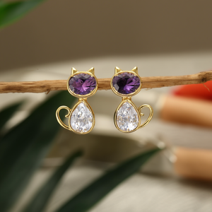 <b>Cat</b> Shape Stud <b>Earrings</b> Pvd Gold Plated 316L Stainless Steel With Purple And Clear Crystals Fashion Jewelry - Product Image 3