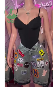 Hot Patchwork <span class=keywords><strong>2</strong></span>-delige sets dames outfits casual mode effen tops en denim short broeken streetwear tweedelige set - Product Image 2