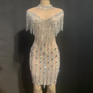 NOVANCE женское платье с кисточками из кристаллов камней на заказ Сетчатое Прозрачное платье Сексуальное Ночное платье Клубные танцоры костюмы с алмазной цепочкой