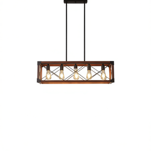 Lustre Industriel Style Ferme 32 Pouces 5 Lumières, Suspension Rectangulaire en Bois Rouge pour Salle à Manger, Îlot de Cuisine, Décoration de Café - Product Image 1