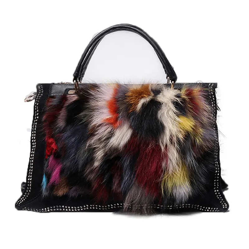 Real leather genuine fox fur colorful fur tote bag factory price for lady