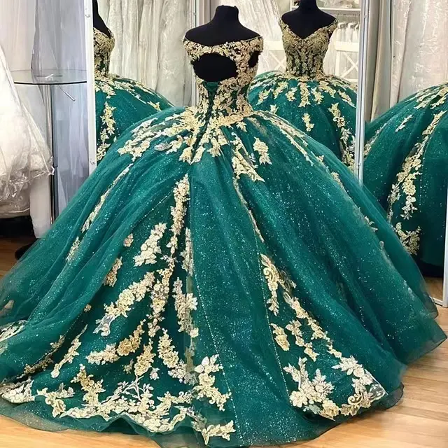 Vestidos de baile para princesa qd1635, vestido verde quinceanera dourado e de renda, com apliques de princesa 15 anos