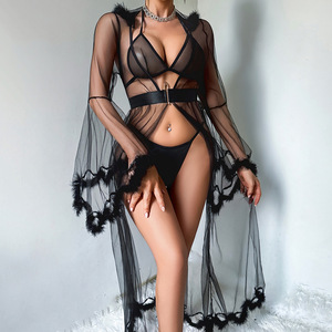 Set Lingerie 3 Pezzi con Vestaglia con Cappuccio e Piume, <span class=keywords><strong>Reggiseno</strong></span> a Triangolo in Rete <span class=keywords><strong>Trasparente</strong></span>, Slip Coordinati, Abbigliamento da Notte per Donne, Vestaglia in <span class=keywords><strong>Tulle</strong></span> - Product Image 4