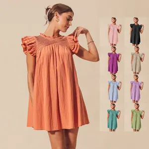Summer Loose Design A-line Mini Length Pleated O-neck Ruffles Puff Sleeves Dress Women 2024