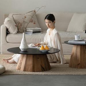 Table basse ronde en bois massif, style vintage, meubles de salon - Product Image 3