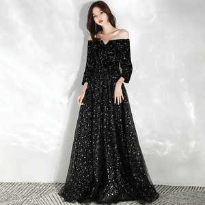 Abito da sera a-line <span class=keywords><strong>paillettes</strong></span> nere brillante o-collo mezza manica abito da ballo formale donna Vintage lungo fino al pavimento abito da festa - Product Image 6