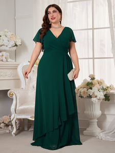 Abito da sera lungo in chiffon a tinta unita con scollo a V, maniche a campana e orlo asimmetrico con volant, <span class=keywords><strong>taglie</strong></span> <span class=keywords><strong>forti</strong></span>, per cene, matrimoni e feste - Product Image 3
