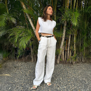 Completo Estivo da <span class=keywords><strong>Donna</strong></span> in <span class=keywords><strong>Lino</strong></span>: Gilet Corto Senza Maniche e <span class=keywords><strong>Pantaloni</strong></span> Larghi a Gamba Larga, Set Casual Traspirante con Bottoni - Product Image 3
