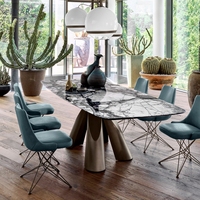 Table à manger moderne de luxe en marbre avec base métallique inclinée, 8-10 places, grand mobilier de salle à manger pour villa