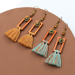 Bohemian Wooden Tassel <b>Drop</b> Earrings Antique <b>Bronze</b> Plated For Women Party Fashion Jewelry - Product Image 2
