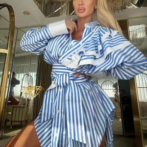 Patchwork con cintura abbottonata alla moda 2025 abiti corti Casual a <span class=keywords><strong>maniche</strong></span> <span class=keywords><strong>lunghe</strong></span> con volant camicia estiva a righe da <span class=keywords><strong>donna</strong></span> - Product Image 2