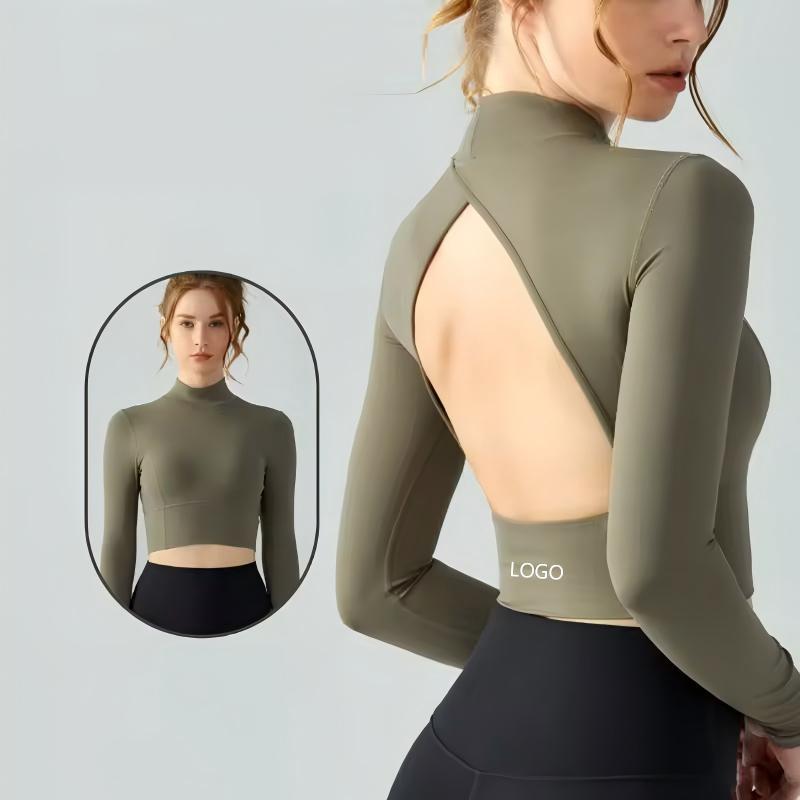 2026 Wholesale Breathable Plus Size Yoga Long Sleeve Fixed Cup Hollow Out Standing Collar Running Shirts & Tops