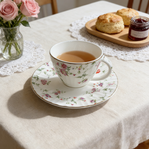 Set Vintage di Tazza e Piattino in Ceramica con Motivi <span class=keywords><strong>Floreali</strong></span> |   Bordo Smerlato con Texture e Rifinitura Oro/Arancione - Product Image 2